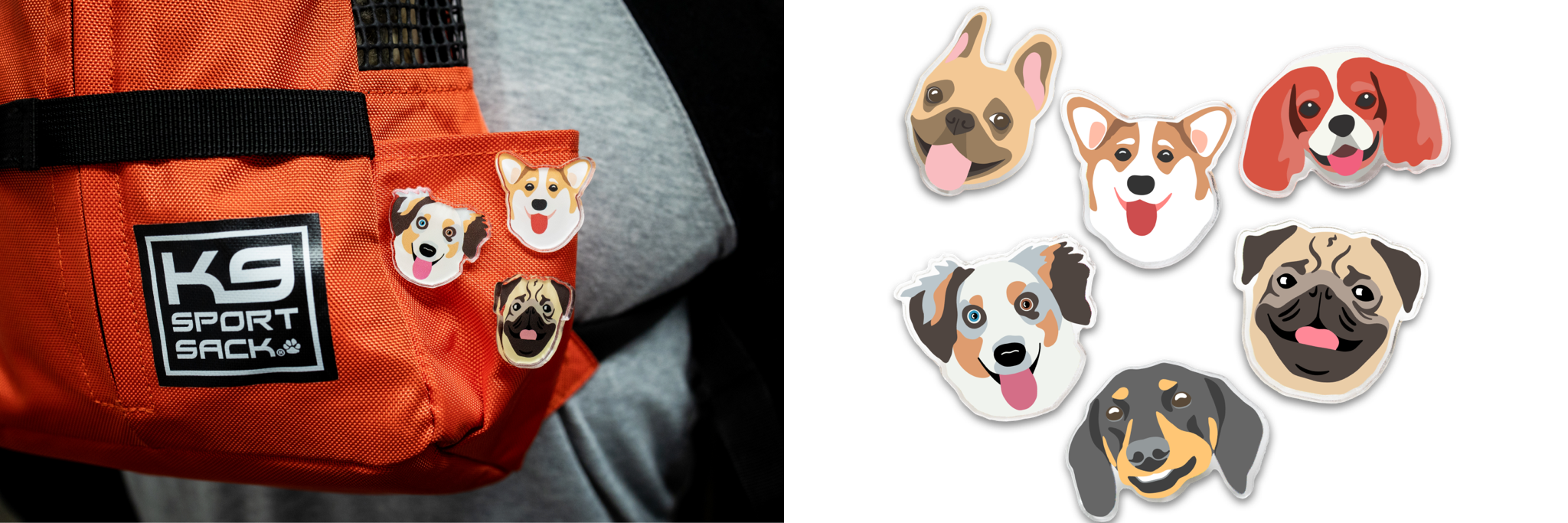 Doggy Pins featuring six different breeds fastened to the pocket of a K9 Sport Sack backpack carrier