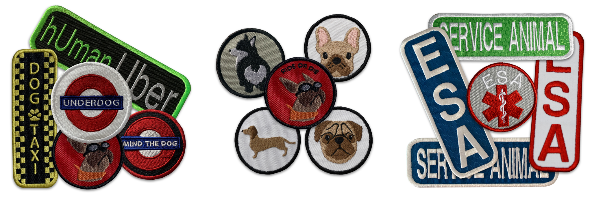 Embroidered patches compatible with K9 Sports Sack gear laid out for view