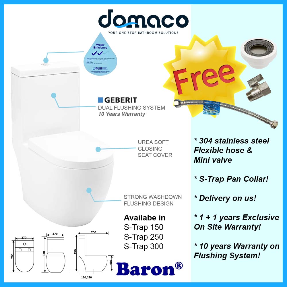 Baron W888 1-Piece Toilet Bowl domaco.com.sg