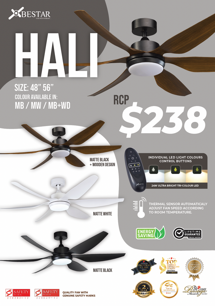 Bestar Hali DC Ceiling Fan With 24W 3 Tone LED Light Kit And Remote domaco.com.sg