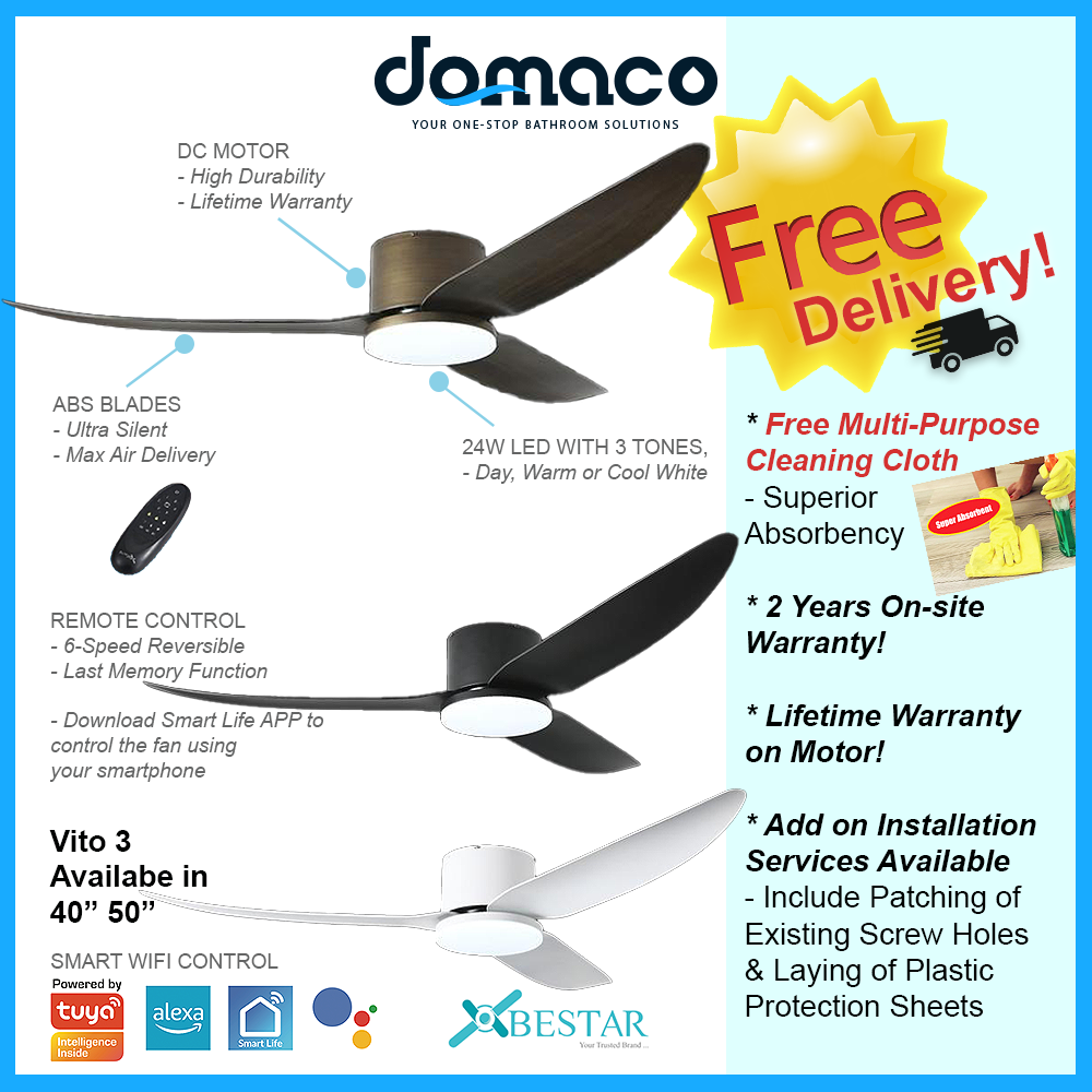 Bestar Vito 3 DC Ceiling Fan With 24W 3 Tone LED Light Kit And Smart Wifi Control domaco.com.sg