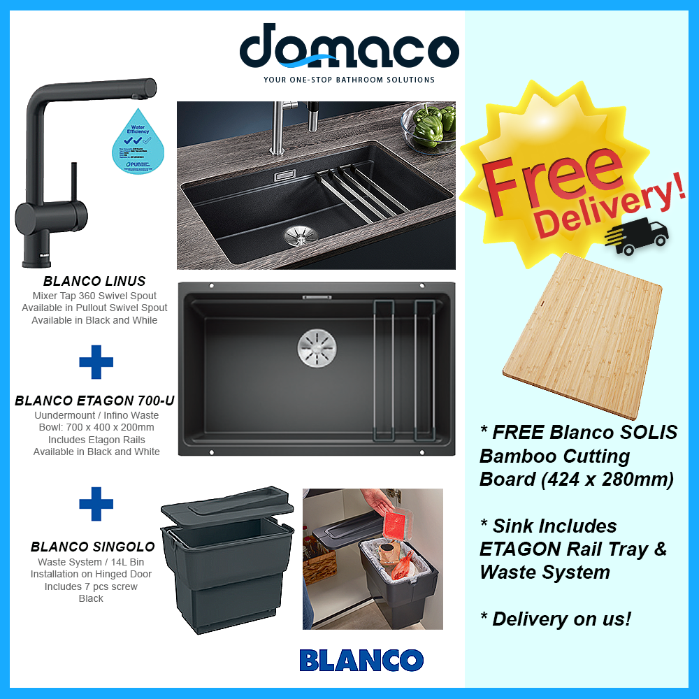 Blanco Etagon 700-U Kitchen Sink With Blanco Linus Mixer Tap Package (Free Rail Tray + Waste System + Cutting Board) domaco.com.sg