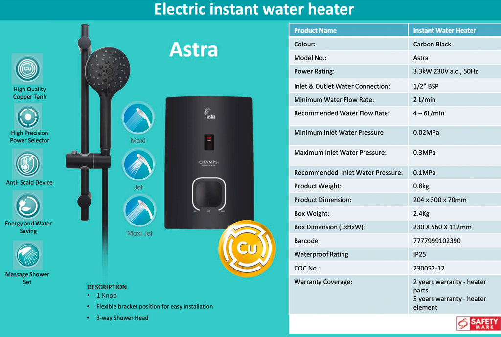 Champs Astra Copper Tank Instant Water Heater [Black/White] domaco.com.sg