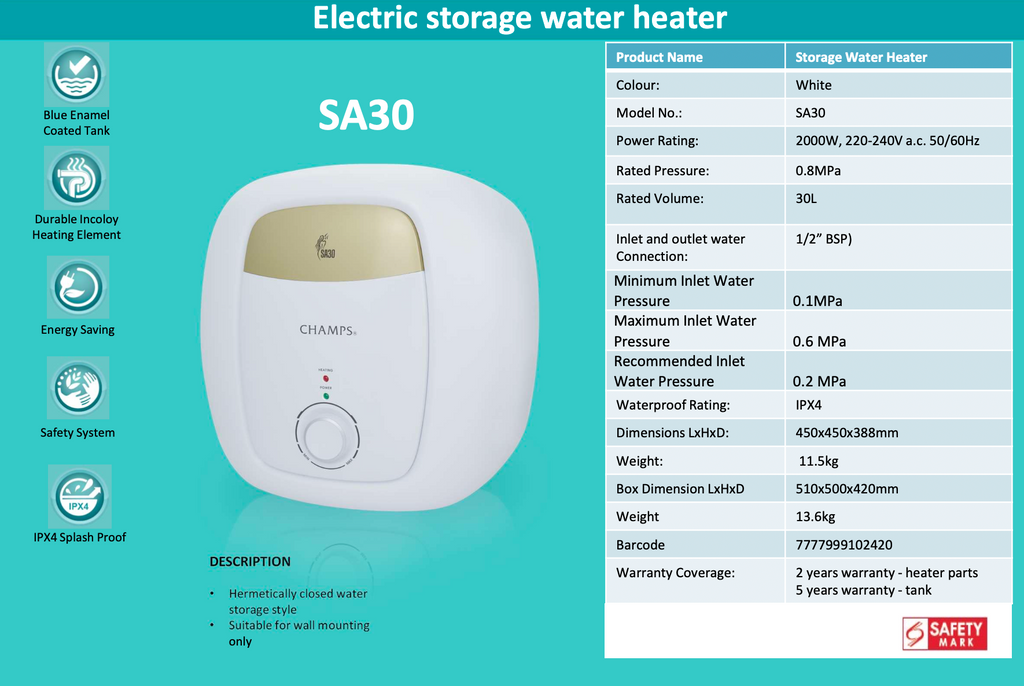 Champs SA 15 or 30 Storage Heater [15L/30/] domaco.com.sg