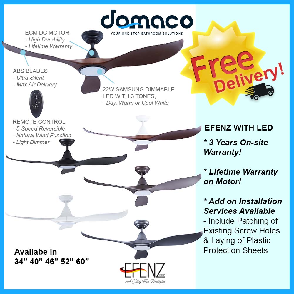 Efenz Downrod DC-Eco Ceiling Fan with 22W Samsung Dimmable LED Light Kit And Remote domaco.com.sg