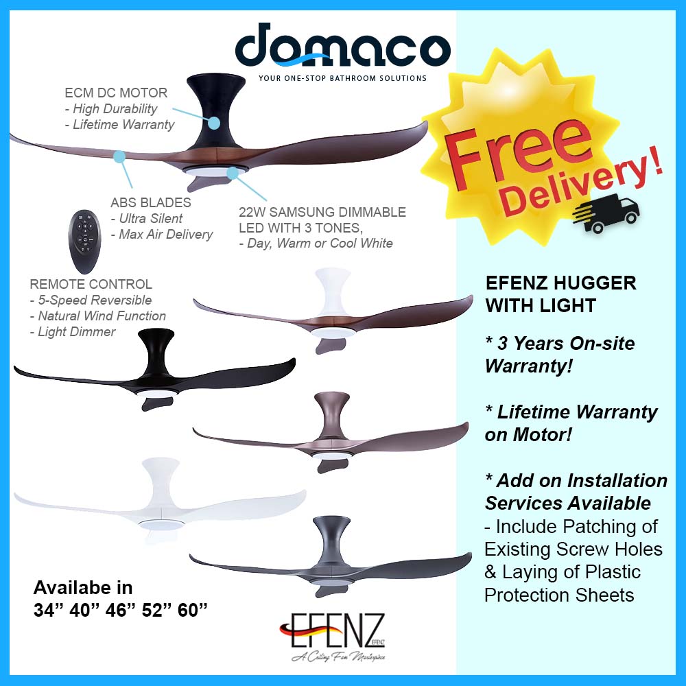Efenz Hugger DC-Eco Ceiling Fan with 22W Samsung Dimmable LED Light Kit And Remote domaco.com.sg