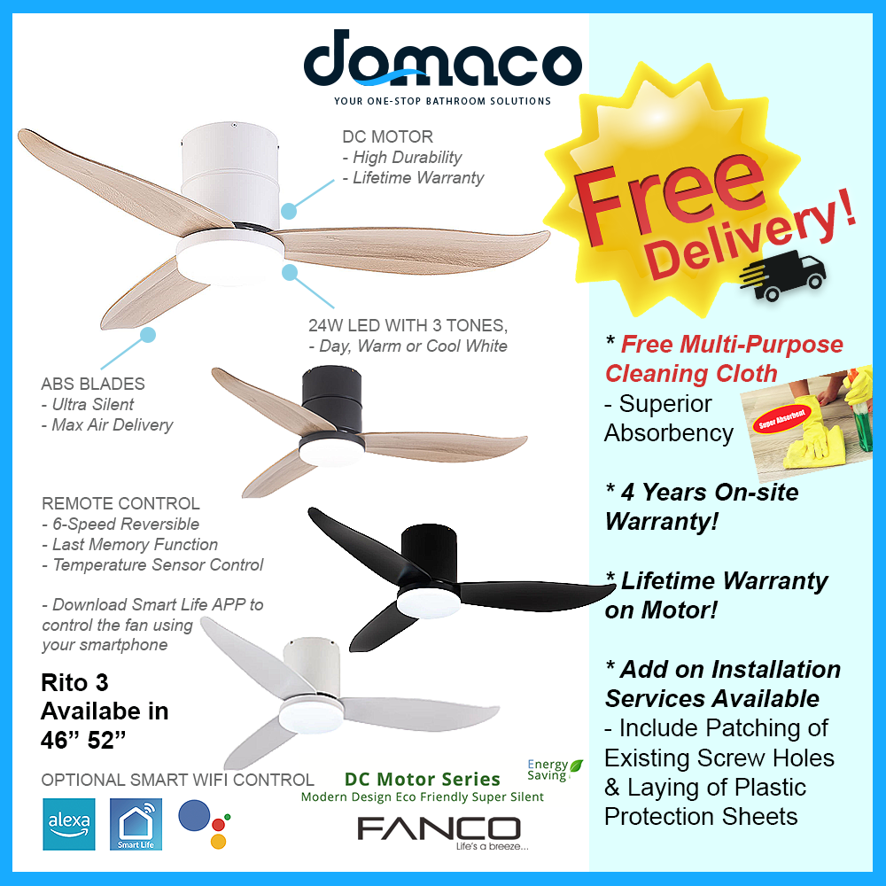 Fanco Rito 3 Hugger Ceiling Fan with 24W 3 Tone LED Light Kit and Remote Control (Optional: Wifi Module) domaco.com.sg