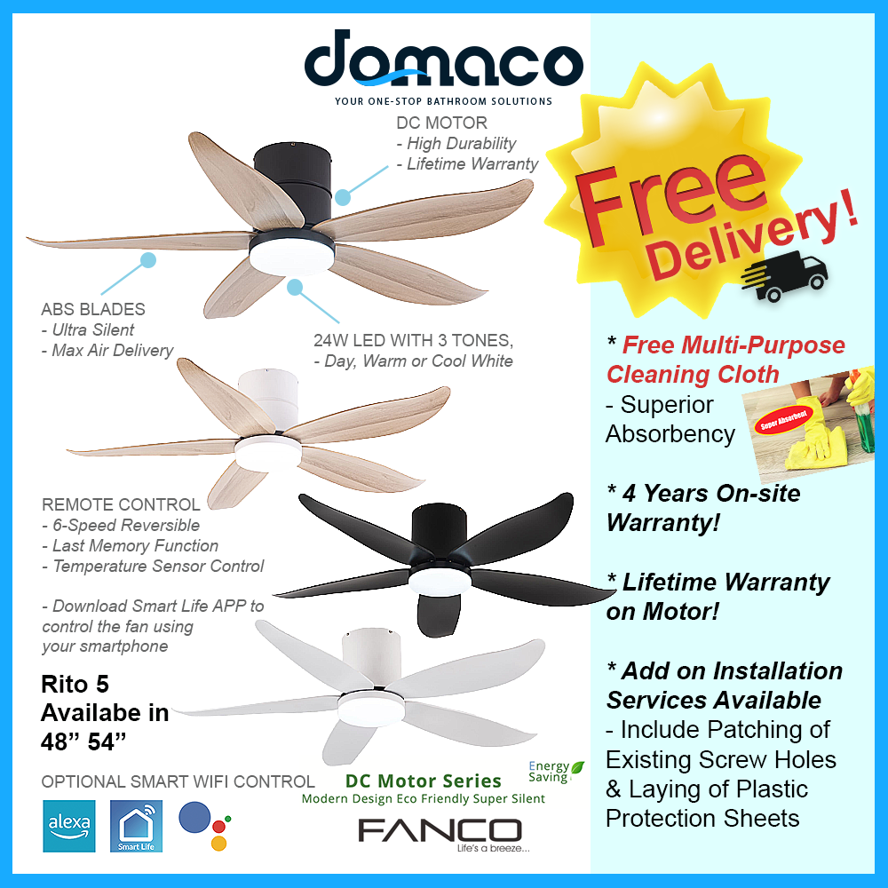 Fanco Rito 5 Hugger Ceiling Fan with 24W 3 Tone LED Light Kit and Remote Control (Optional: Wifi Module) domaco.com.sg