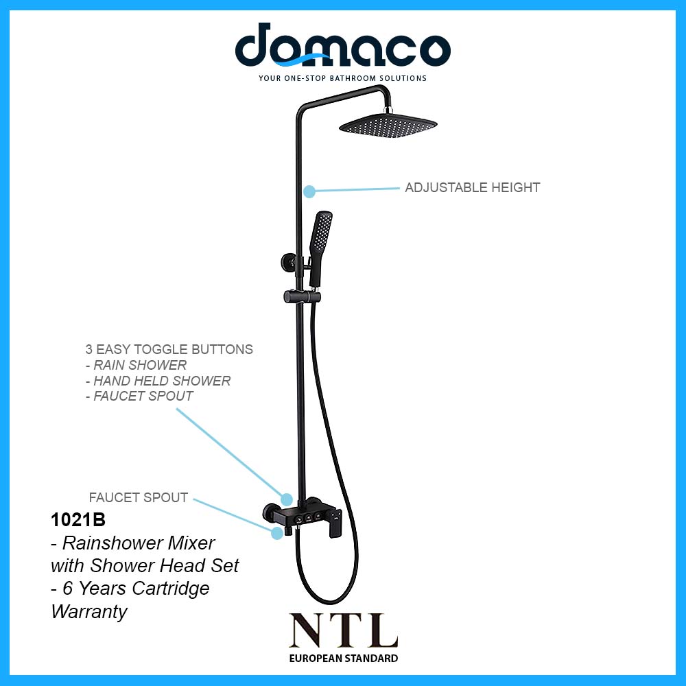 NTL Rain Shower Mixer with Hand Shower Head Set 1021B Matt Black