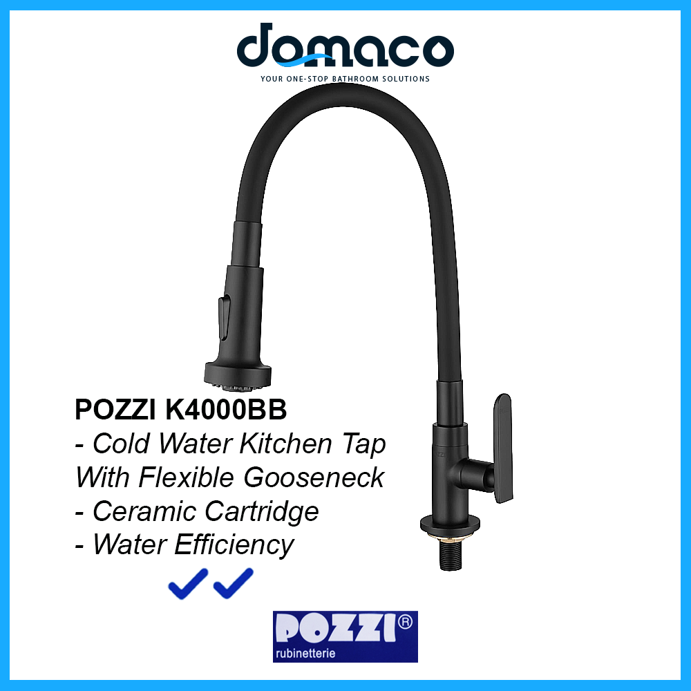 Pozzi K4000BB Matt Black Flexible Gooseneck Kitchen Tap