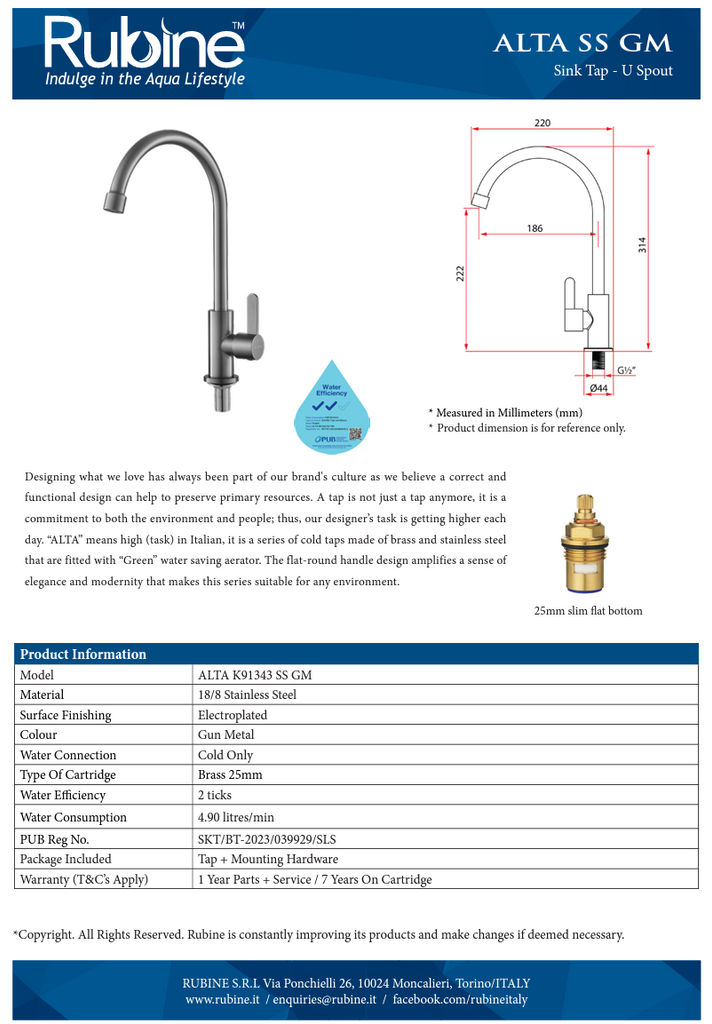 Rubine Alta K91343 SS Stainless Steel Kitchen Tap domaco.com.sg