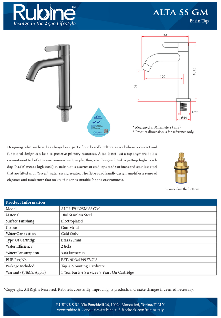 Rubine Alta P91325M SS Stainless Steel Basin Tap doamco.com.sg