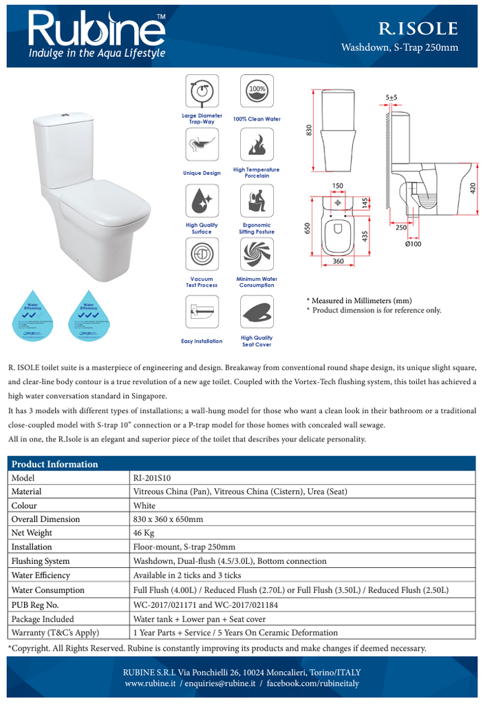 Rubine RI-201S10 2-Piece Toilet Bowl (S-Trap 250mm) domaco.com.sg