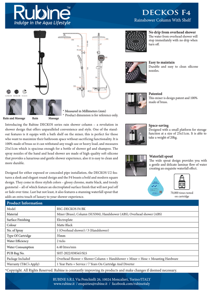 Rubine RSC-DECKOS-F4 Square Rain Shower Set with Hand Shower and Shower Mixer Shelf domaco.com.sg