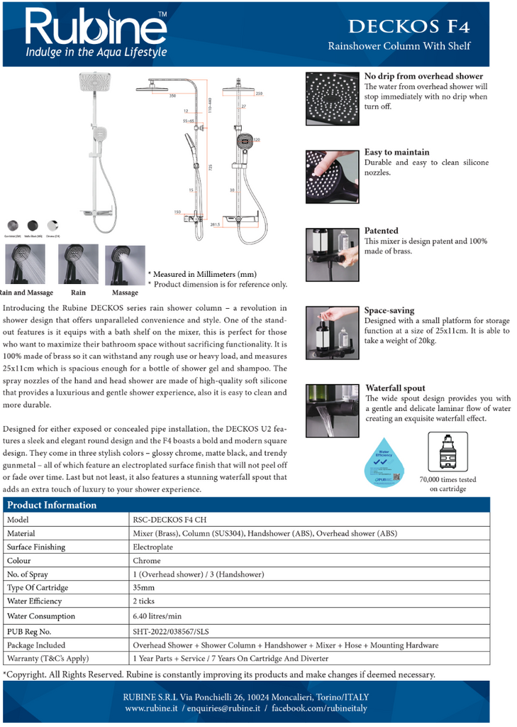 Rubine RSC-DECKOS-F4 Square Rain Shower Set with Hand Shower and Shower Mixer Shelf domaco.com.sg