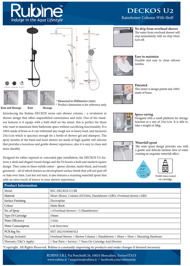 Rubine RSC-DECKOS-U2 Round Rain Shower Set with Hand Shower and Shower Mixer Shelf domaco.com.sg