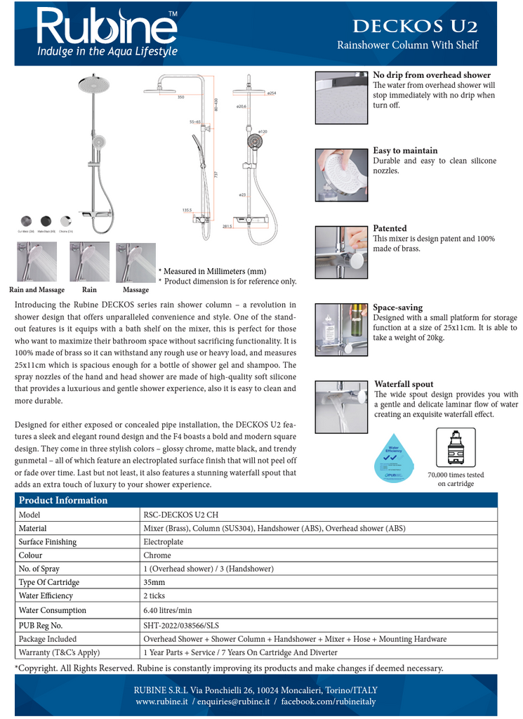 Rubine RSC-DECKOS-U2 Round Rain Shower Set with Hand Shower and Shower Mixer Shelf domaco.com.sg