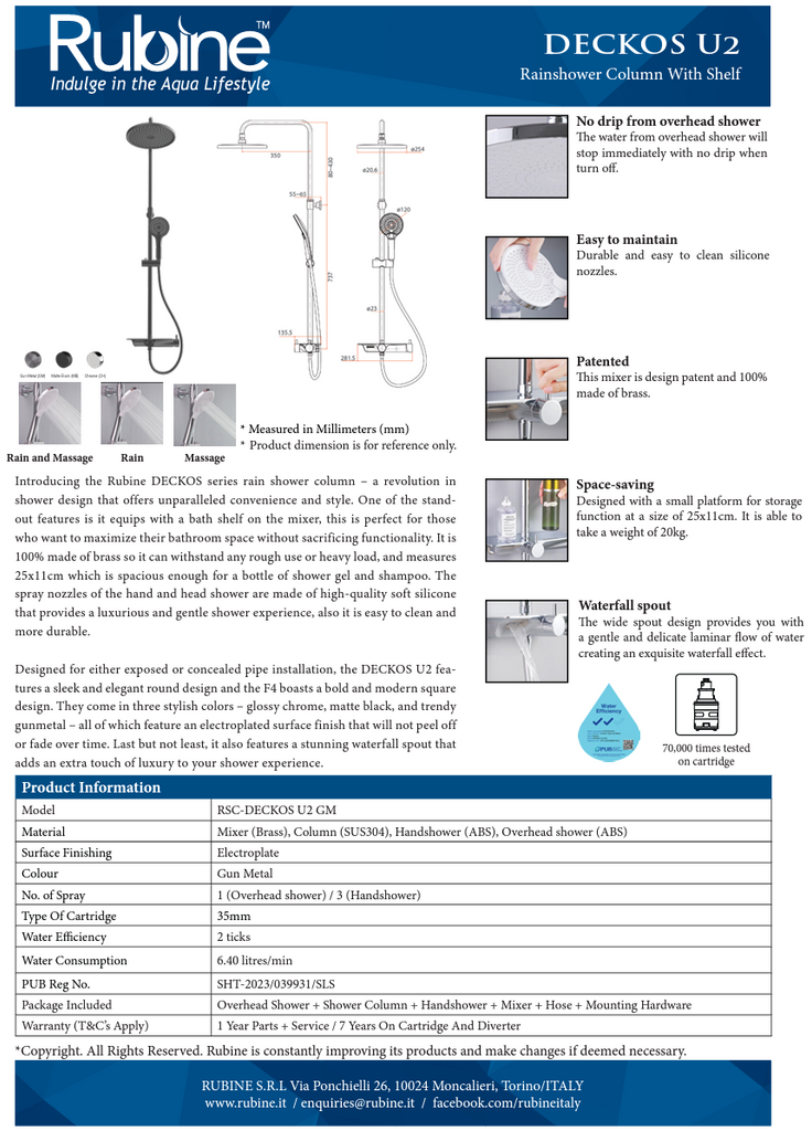 Rubine RSC-DECKOS-U2 Round Rain Shower Set with Hand Shower and Shower Mixer Shelf domaco.com.sg