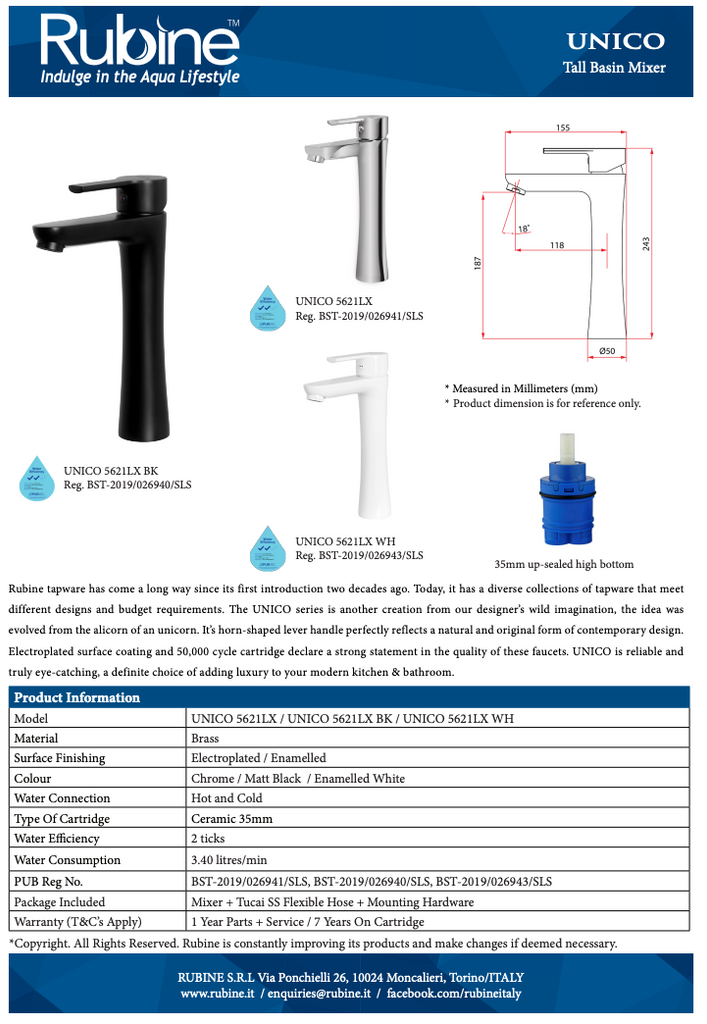 Rubine Unico 5621LX Tall Mixer Basin Tap domaco.com.sg