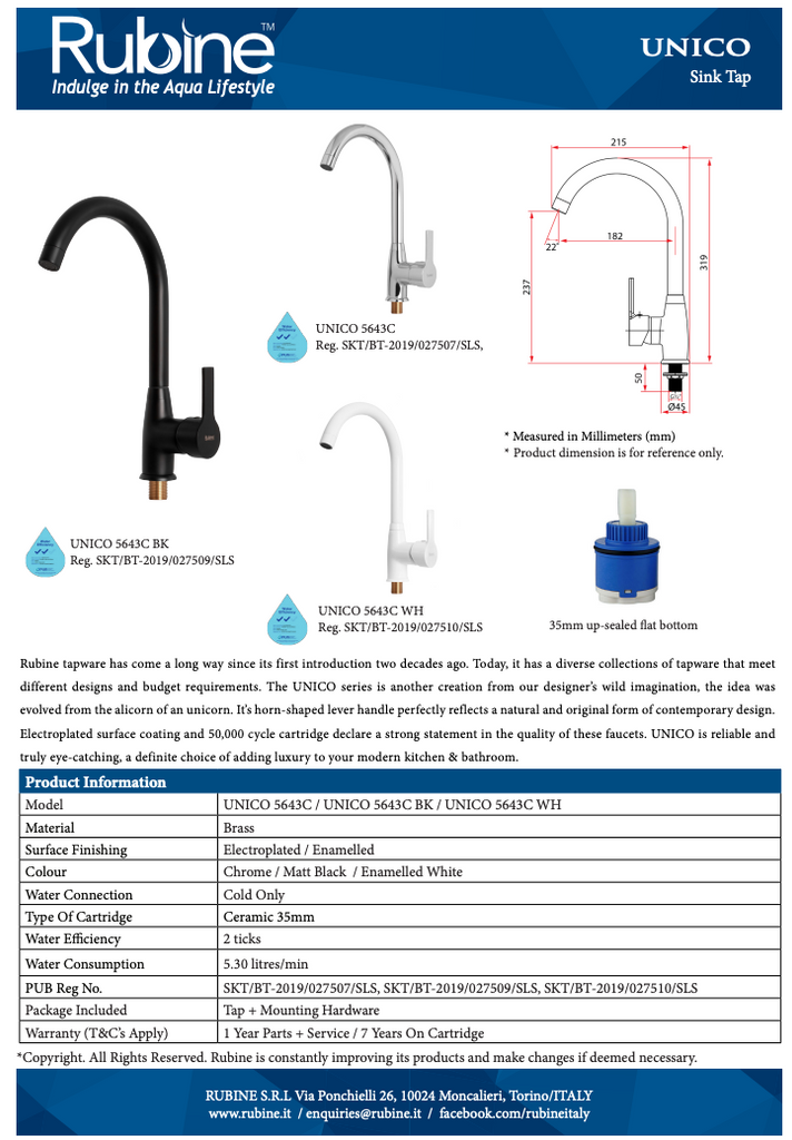 Rubine Unico 5643C Kitchen Sink Tap domaco.com.sg