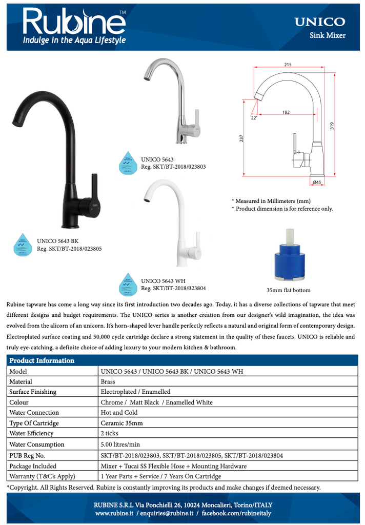 Rubine Unico 5643 Kitchen Mixer Sink Tap domaco.com.sg