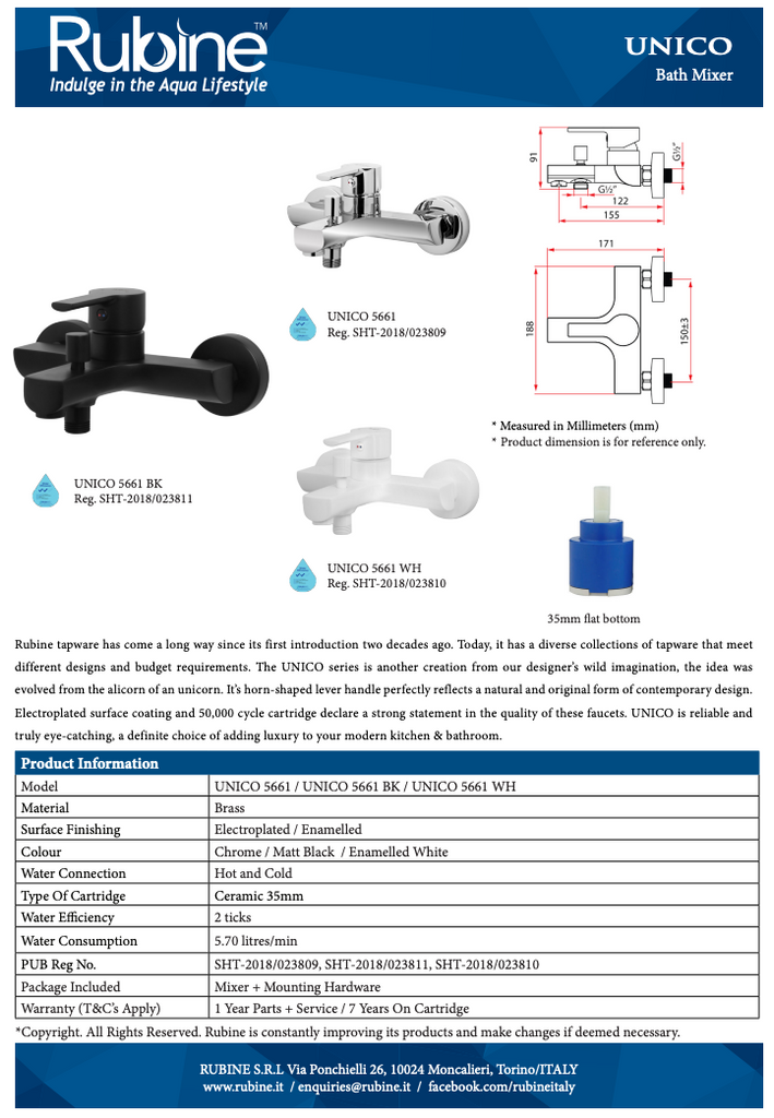 Rubine Unico 5661 Bath Shower Mixer Tap domaco.com.sg