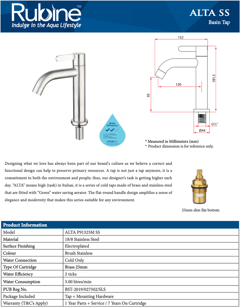 Rubine ALTA P91325M SS Basin Tap domaco.com.sg