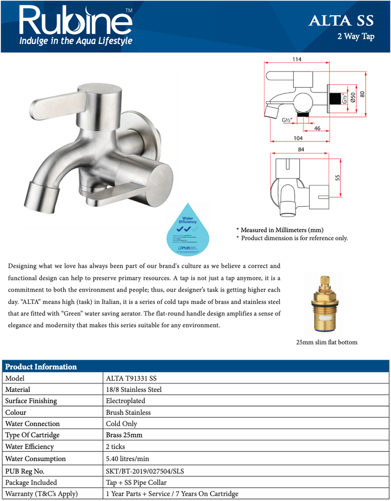 Rubine Alta T91331 SS Stainless Steel Two Way Tap