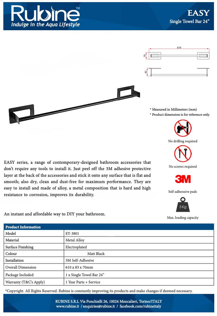 Rubine EY-3801 MB Single Towel Bar Domaco.com.sg