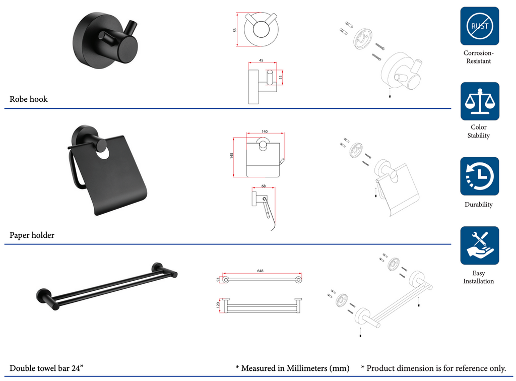 Rubine Globe GE-5200-3 Matt Black 3 Piece Bathroom Accessories Set domaco.com.sg