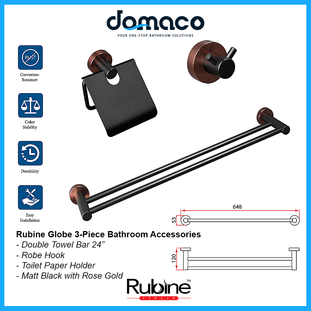 Rubine Globe GE-5200-3 Matt Black With Rose Gold 3 Piece Bathroom Accessories Set domaco.com.sg