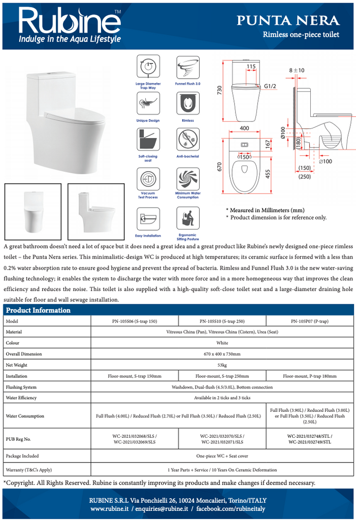 Rubine Punta Nera 1-Piece Toilet Bowl (Rimless Funnel Flush 3.0) domaco.com.sg