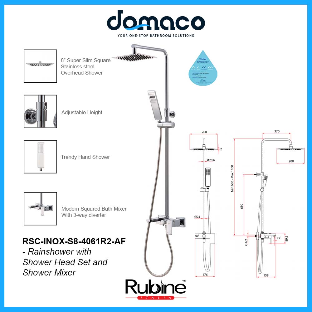 Rubine RSC-INOX-S8-4061R2-AF Rain Shower Set with Hand Shower and Shower Mixer