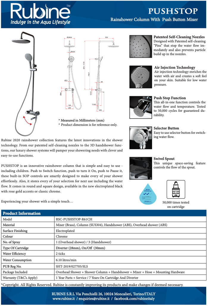 Rubine RSC-PUSHSTOP-R61-CH Rain Shower Set with Hand Shower and Shower Mixer in Chrome domaco.com.sg