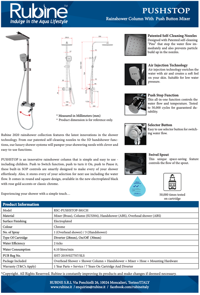 Rubine RSC-PUSHSTOP-S81-CH Rain Shower Set with Hand Shower and Shower Mixer in Chrome domaco.com.sg