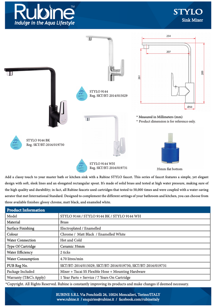 Rubine Stylo 9144 Kitchen Mixer Tap domaco.com.sg