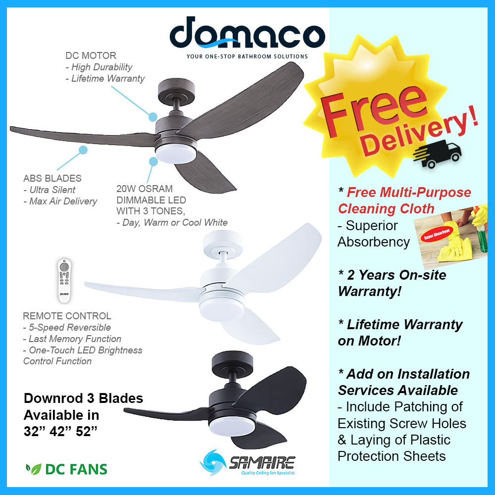 Samaire Downrod 3 Blades DC Ceiling Fan With 20W Dimmable 3 Tone LED Light Kit And Remote domaco.com.sg