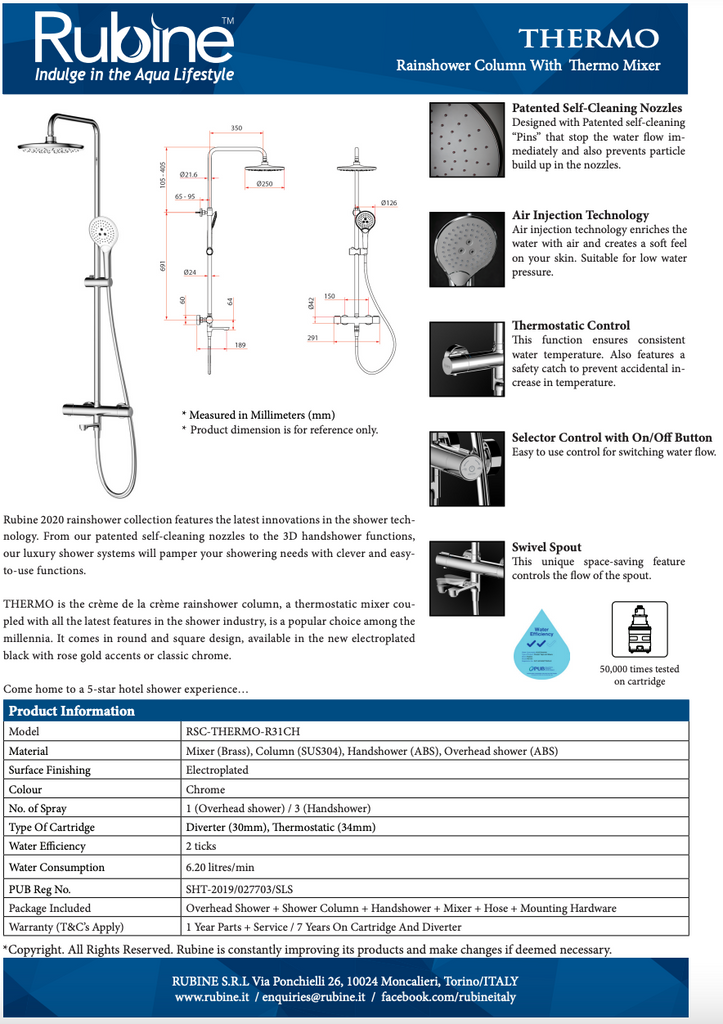 Rubine RSC-THERMO-R31-CH Rain Shower Set with Hand Shower and Shower Mixer in Chrome (36800)<br>*Contact us for best price domaco.com.sg