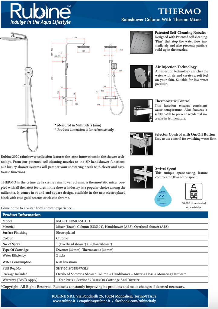 Rubine RSC-THERMO-S41-CH Rain Shower Set with Hand Shower and Shower Mixer in Chrome (39800)<br>*Contact us for best price domaco.com.sg