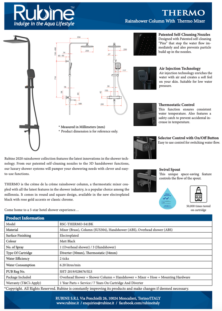 Rubine RSC-THERMO-S41-BK Rain Shower Set with Hand Shower and Shower Mixer in Matt Black (41800)<br>*Contact us for best price domaco.com.sg