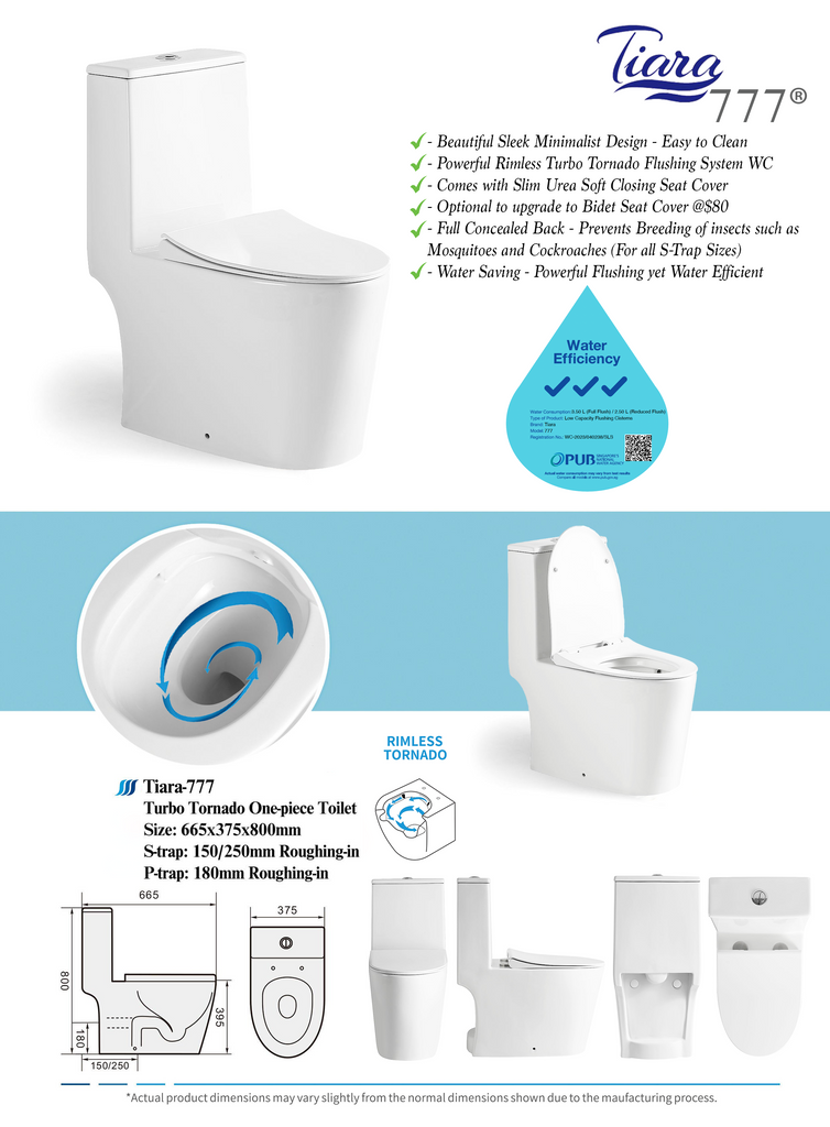 Tiara 777 Rimless Turbo Tornado Flushing Conceal Back or Mayfair 8116 1-Piece Toilet Bowl & Basin Package domaco.com.sg