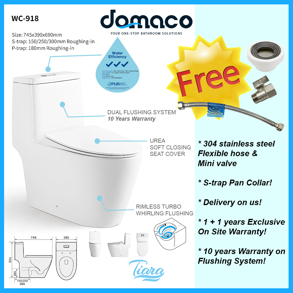 Tiara 918 Rimless Turbo Tornado Flushing 1-Piece Toilet Bowl domaco.com.sg