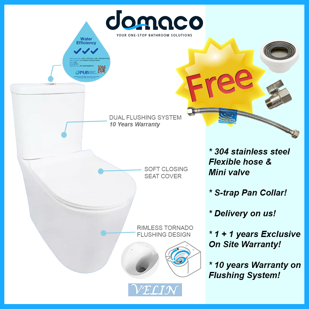 Velin A6016 Rimless Tornado Flushing 2-Piece Toilet Bowl domaco.com.sg