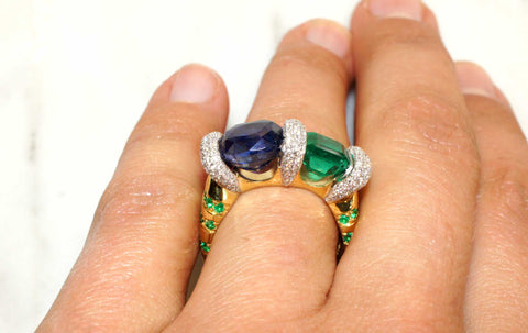 Custom made sapphire, emerald and diamond ring by Lizunova