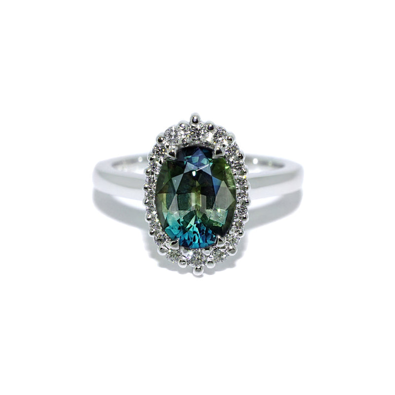 Parti sapphire diamond halo engagement ring | Sydney jeweller Lizunova