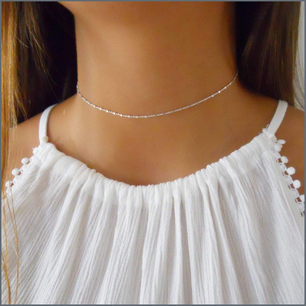 Sterling Silver Dainty Cuban Chain Choker Necklace for Women