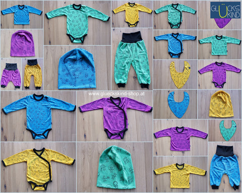 Glückskind fashion baby body wool body angel wool silk organic eco gots uv protection uv50 Cosilana Loud Proud Salzburg startup new new 100% red yellow blue green purple colorful cheerful grimm