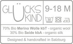 Glückskind, heat label, neck label, designed and handcrafted in Salzburg, Austria, Bavaria, Germany, 100% organic, kbA, kbT, GOTS, bluesign, baby fashion, baby, merino, silk, wool silk, 30%, 70%