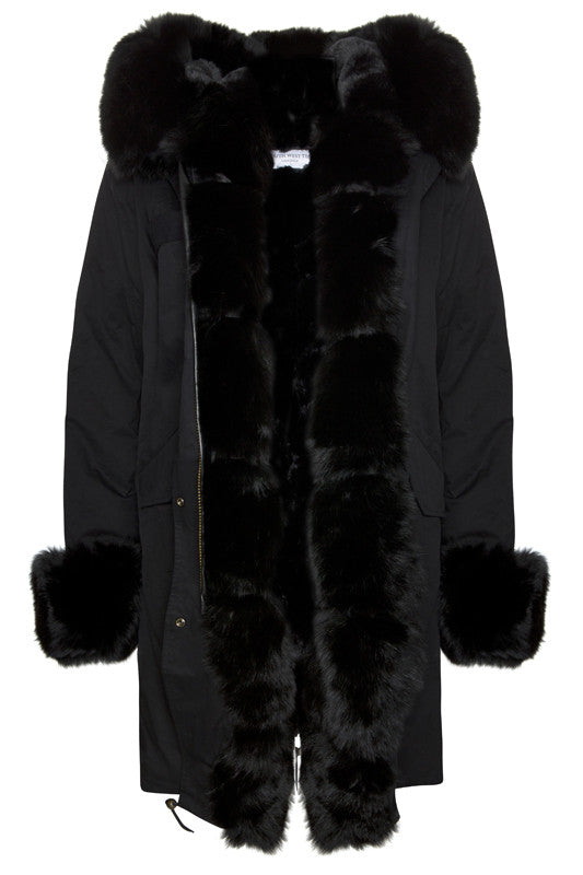 black coat with fur hood and cuffs