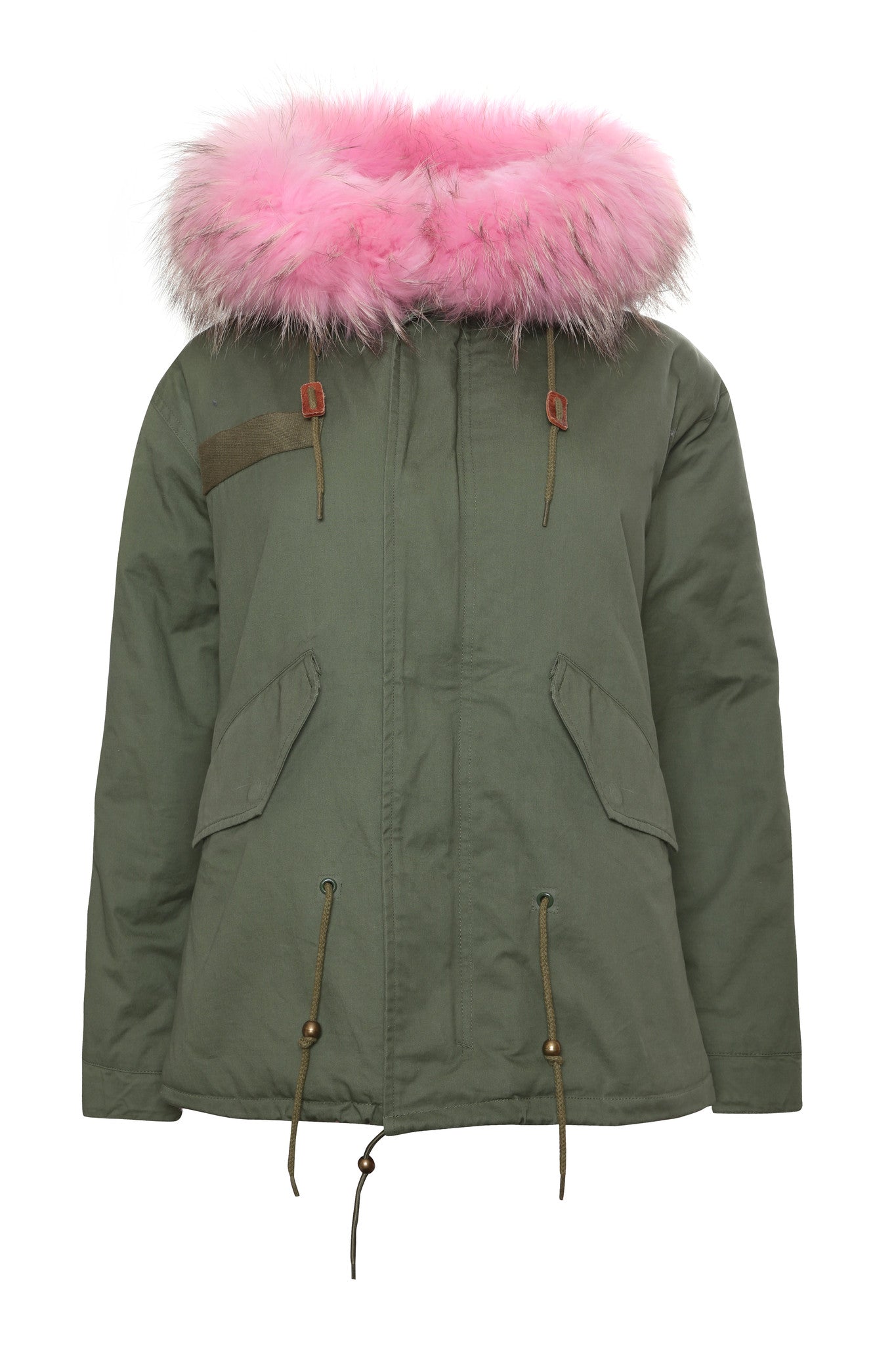 khaki parka with pink fur hood